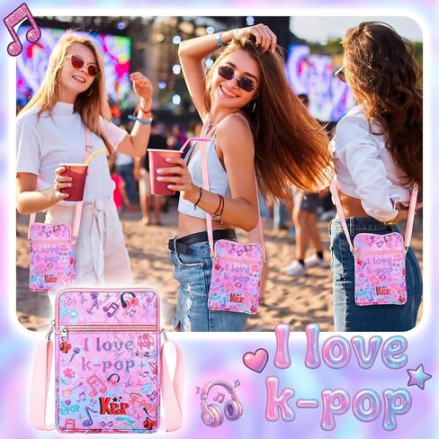 Hsei 3 حزمة Kpop موضوع حقيبة كروسبودي مع سحاب حقيبة كتف الكرتون لطيف مع حزام الكتف قابل للتعديل Kpop موضوع هدية لفتاة ميرش الاشياء لمحبي الموسيقى الأرجواني هدية عيد ميلاد in Kuwait