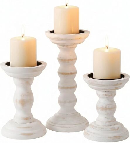 Wooden Candle Holders for Pillar Candles Set of 3 Tall Rustic White Candlestick Stands for Fireplace Mantle Table Centerpiece Farmhouse Decor Fits 3 Inch Wide Pillar Candles in Kuwait
