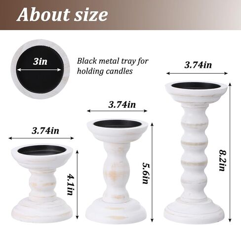 Wooden Candle Holders for Pillar Candles Set of 3 Tall Rustic White Candlestick Stands for Fireplace Mantle Table Centerpiece Farmhouse Decor Fits 3 Inch Wide Pillar Candles in Kuwait