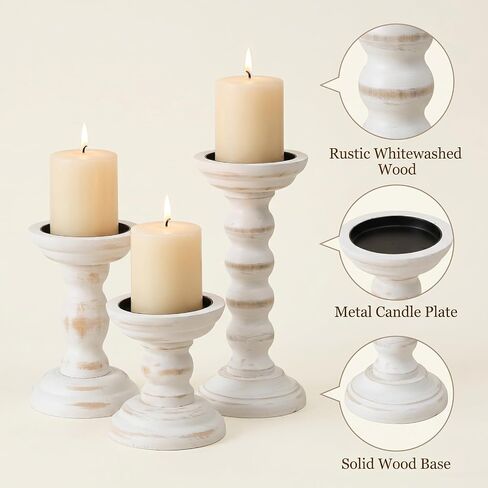 Wooden Candle Holders for Pillar Candles Set of 3 Tall Rustic White Candlestick Stands for Fireplace Mantle Table Centerpiece Farmhouse Decor Fits 3 Inch Wide Pillar Candles in Kuwait