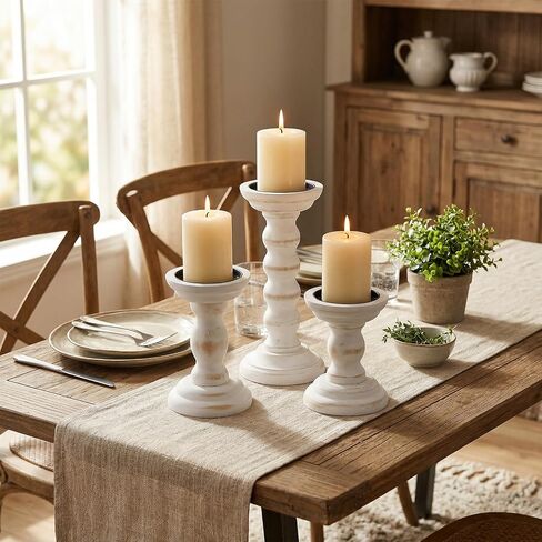 Wooden Candle Holders for Pillar Candles Set of 3 Tall Rustic White Candlestick Stands for Fireplace Mantle Table Centerpiece Farmhouse Decor Fits 3 Inch Wide Pillar Candles in Kuwait