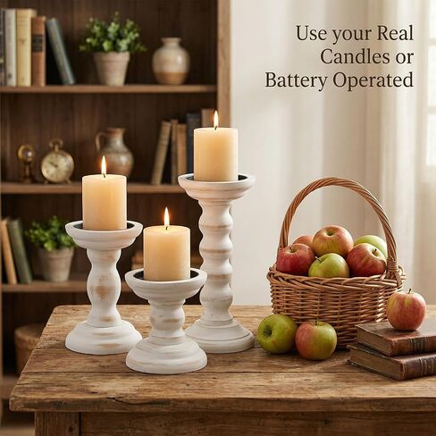 Wooden Candle Holders for Pillar Candles Set of 3 Tall Rustic White Candlestick Stands for Fireplace Mantle Table Centerpiece Farmhouse Decor Fits 3 Inch Wide Pillar Candles in Kuwait
