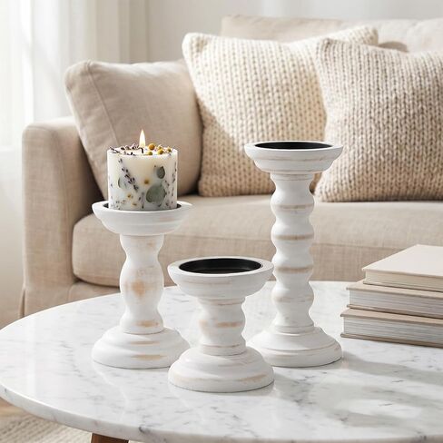Wooden Candle Holders for Pillar Candles Set of 3 Tall Rustic White Candlestick Stands for Fireplace Mantle Table Centerpiece Farmhouse Decor Fits 3 Inch Wide Pillar Candles in Kuwait