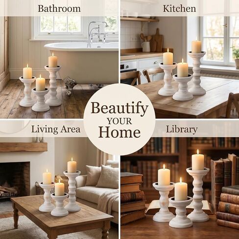 Wooden Candle Holders for Pillar Candles Set of 3 Tall Rustic White Candlestick Stands for Fireplace Mantle Table Centerpiece Farmhouse Decor Fits 3 Inch Wide Pillar Candles in Kuwait
