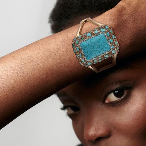 HZMAN 8.5In Chunky Turquoise Cuff Bracelets for Women Gold Plated Retro Brass Bracelet Wide Thick Open Hinge Wrist Cuff Bracelet Jewelry Gift in Saudi Arabia