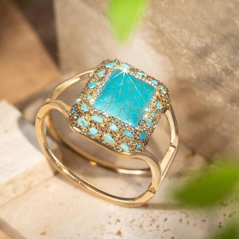 HZMAN 8.5In Chunky Turquoise Cuff Bracelets for Women Gold Plated Retro Brass Bracelet Wide Thick Open Hinge Wrist Cuff Bracelet Jewelry Gift in Saudi Arabia