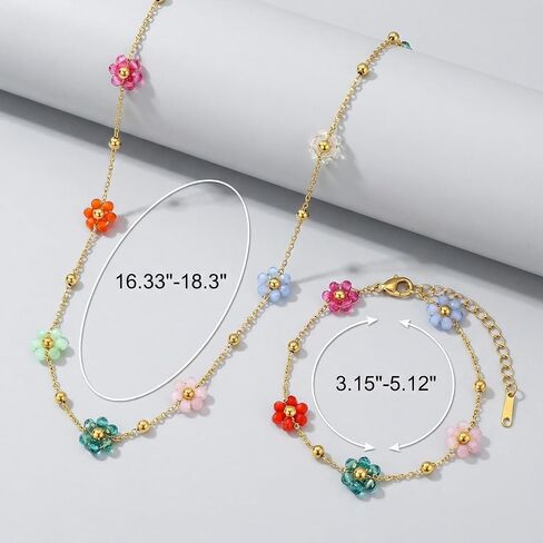 Bohemian Beaded Necklace and Bracelet Set for Women, Colorful Floral Jewelry Bohemian Style Beaded Accessories for Everyday Wear and Special Occasions（pink） in Saudi Arabia