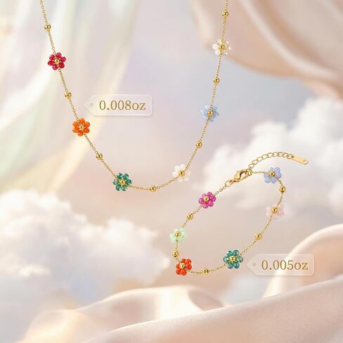 Bohemian Beaded Necklace and Bracelet Set for Women, Colorful Floral Jewelry Bohemian Style Beaded Accessories for Everyday Wear and Special Occasions（pink） in Saudi Arabia
