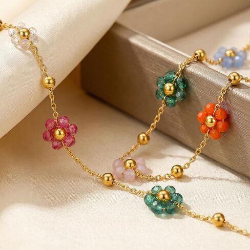 Bohemian Beaded Necklace and Bracelet Set for Women, Colorful Floral Jewelry Bohemian Style Beaded Accessories for Everyday Wear and Special Occasions（pink） in Saudi Arabia