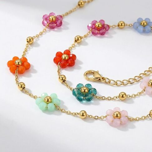 Bohemian Beaded Necklace and Bracelet Set for Women, Colorful Floral Jewelry Bohemian Style Beaded Accessories for Everyday Wear and Special Occasions（pink） in Saudi Arabia