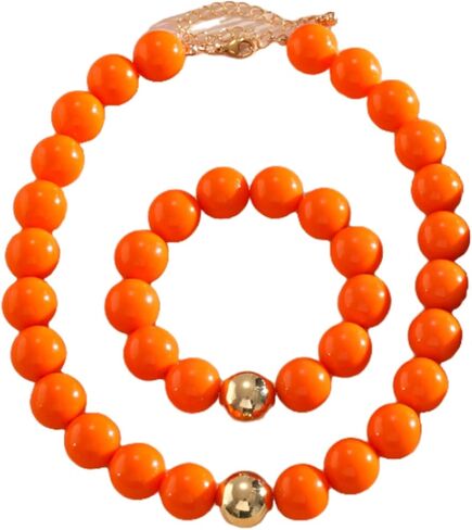 Women's Fashion Retro Orange Chunky Beaded Necklace and Bracelet Bohemian Exaggerated Large Round Beaded Jewelry Summer Hawaii Beach Vacation Accessories Gift in Kuwait