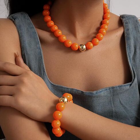 Women's Fashion Retro Orange Chunky Beaded Necklace and Bracelet Bohemian Exaggerated Large Round Beaded Jewelry Summer Hawaii Beach Vacation Accessories Gift in Kuwait