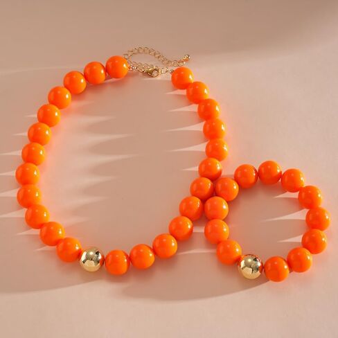 Women's Fashion Retro Orange Chunky Beaded Necklace and Bracelet Bohemian Exaggerated Large Round Beaded Jewelry Summer Hawaii Beach Vacation Accessories Gift in Kuwait