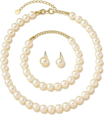 Dainty Pearl Jewelry Sets for Women,Fashionable Charm Glossy Pearls Earrings,Chunky Pearls Choker Necklaces,Wedding Jewelry for Bride Bridesmaid in Saudi Arabia
