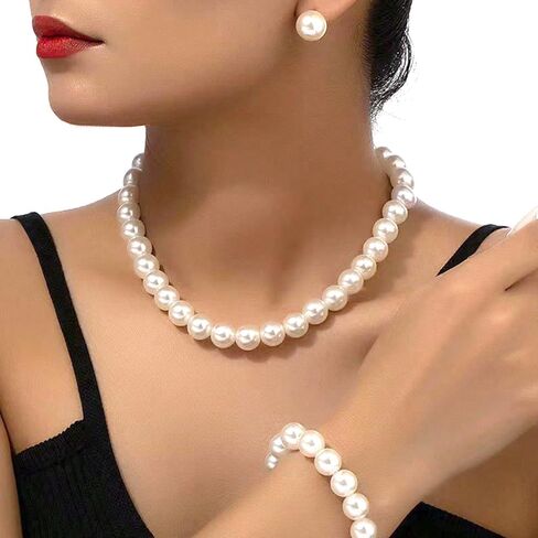 Dainty Pearl Jewelry Sets for Women,Fashionable Charm Glossy Pearls Earrings,Chunky Pearls Choker Necklaces,Wedding Jewelry for Bride Bridesmaid in Saudi Arabia
