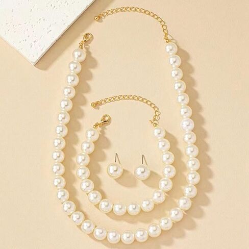 Dainty Pearl Jewelry Sets for Women,Fashionable Charm Glossy Pearls Earrings,Chunky Pearls Choker Necklaces,Wedding Jewelry for Bride Bridesmaid in Saudi Arabia