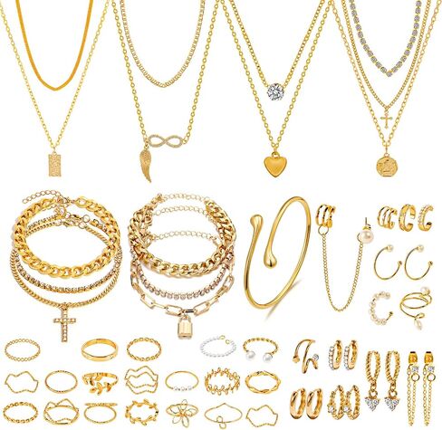 Gold-plate Jewelry Set for women Necklace,Bracelet,Earring,Anklet | Layered Necklaces, Arm Band Cuff Bracelet,Rings, Hoop Non-Piercing Earrings,Anklet, Multi-Piece Accessories Collection in Saudi Arabia