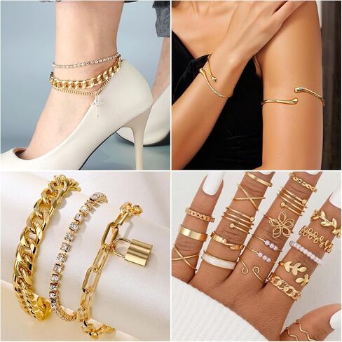 Gold-plate Jewelry Set for women Necklace,Bracelet,Earring,Anklet | Layered Necklaces, Arm Band Cuff Bracelet,Rings, Hoop Non-Piercing Earrings,Anklet, Multi-Piece Accessories Collection in Saudi Arabia