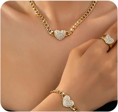 Dainty Gold Heart Jewelry Set for Women,Chunky Chain Heart Choker Necklace Bracelet Ring,Rhinestone Love Charm Necklaces Valentine's Day Jewelry in Saudi Arabia