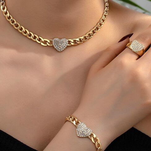 Dainty Gold Heart Jewelry Set for Women,Chunky Chain Heart Choker Necklace Bracelet Ring,Rhinestone Love Charm Necklaces Valentine's Day Jewelry in Saudi Arabia