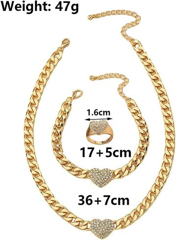 Dainty Gold Heart Jewelry Set for Women,Chunky Chain Heart Choker Necklace Bracelet Ring,Rhinestone Love Charm Necklaces Valentine's Day Jewelry in Saudi Arabia