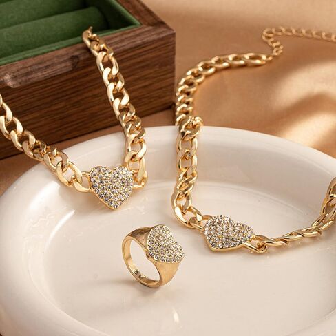Dainty Gold Heart Jewelry Set for Women,Chunky Chain Heart Choker Necklace Bracelet Ring,Rhinestone Love Charm Necklaces Valentine's Day Jewelry in Saudi Arabia
