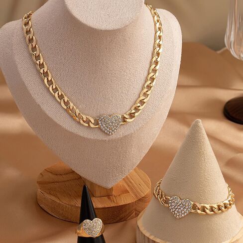 Dainty Gold Heart Jewelry Set for Women,Chunky Chain Heart Choker Necklace Bracelet Ring,Rhinestone Love Charm Necklaces Valentine's Day Jewelry in Saudi Arabia