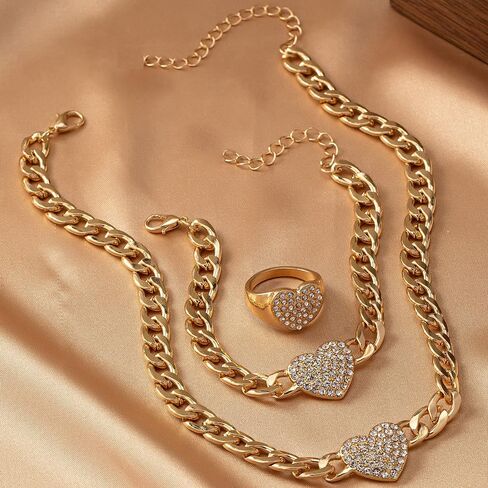 Dainty Gold Heart Jewelry Set for Women,Chunky Chain Heart Choker Necklace Bracelet Ring,Rhinestone Love Charm Necklaces Valentine's Day Jewelry in Saudi Arabia