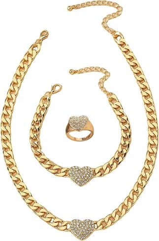 Dainty Gold Heart Jewelry Set for Women,Chunky Chain Heart Choker Necklace Bracelet Ring,Rhinestone Love Charm Necklaces Valentine's Day Jewelry in Saudi Arabia