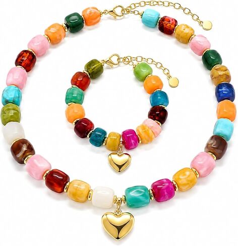 Chunky Beaded Necklace and Bracelet Set for Women - Statement Resin Bead Boho Chunky Jewelry Set Necklace Bracelet in Saudi Arabia