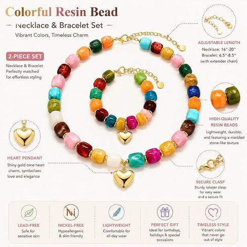 Chunky Beaded Necklace and Bracelet Set for Women - Statement Resin Bead Boho Chunky Jewelry Set Necklace Bracelet in Saudi Arabia