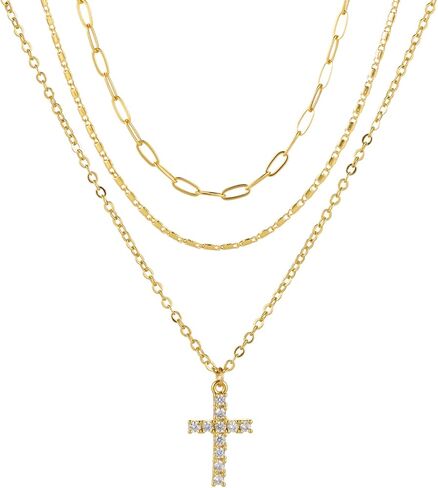 Layered Gold Necklaces for Women，Stackable Dainty 14K Gold Plated Trendy crucifixion Diamonds Circle love Paperclip Chain Pendant Choker Necklace，Jewelry Set Gifts for Women in Saudi Arabia