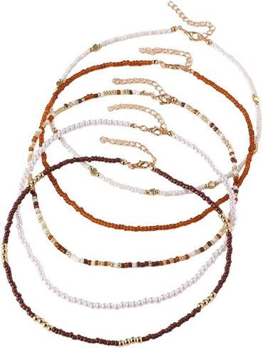 5 Pcs Boho Layered Beaded Necklace Set for Women Adjustable Seed Beads Chain Necklaces Lightweight Gold Beaded Imitation Pearl Choker Necklace Summer Beach Jewelry in Kuwait