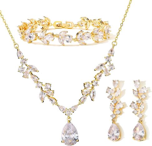 Sparkle CZ Waterdrop Necklace Dangle Earring Tennis Bracelet Sets for Women, Marquise Leaf Vine Crystal Wedding Jewelry Gift for Bride Bridesmaid in Saudi Arabia