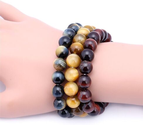 Gem Stone King Set of 3 Tiger Eye Gemstones 10MM 7 to 7.5 Inch Stretchy Adjustable Stackable Bracelet For Women in Saudi Arabia