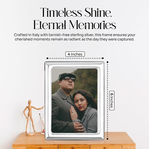 Double Bead Sterling Silver Picture Frames - Handmade in Italy, Tarnish-free, 4x6 Silver Picture Frame with Dual Easel for Portrait & Landscape Display, Exceptional Gift for Any Occasion in Saudi Arabia