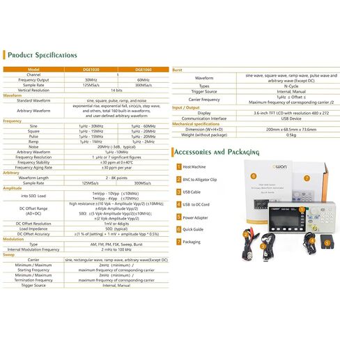 OWON Function Generators, 1 CH 60MHz Frequency Meter, Signal Generator 300MSa/s Sample Rate with 14 Bits Vertical High Resolution 3.6 inch TFT LCD (60MHz/1CH/OWON DGE1060) in Saudi Arabia