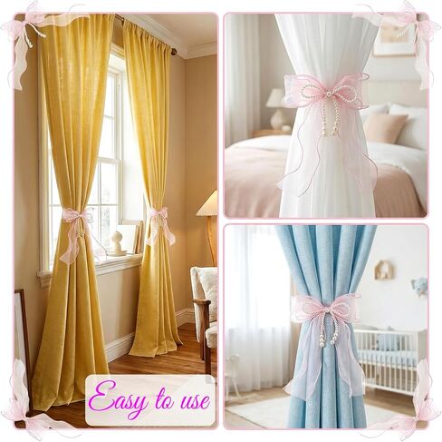 Bowknot Curtain Tiebacks, 2 Pcs Pink Lace Bow Butterfly Tieback with Pearls, Elegant Curtain Holders, Sweet Curtains Holdbacks Buckles for Bedroom Living Room Wedding Party Home Cafe Decoration in Saudi Arabia