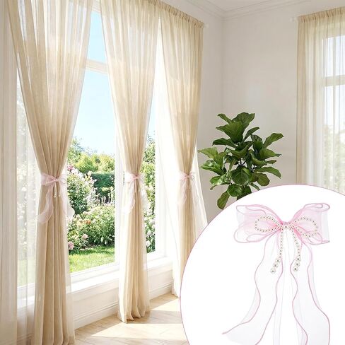Bowknot Curtain Tiebacks, 2 Pcs Pink Lace Bow Butterfly Tieback with Pearls, Elegant Curtain Holders, Sweet Curtains Holdbacks Buckles for Bedroom Living Room Wedding Party Home Cafe Decoration in Saudi Arabia