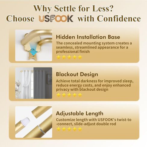 USFOOK Gold Double Curtain Rods 32 to 58 Inch (2.6-4.8ft), Blackout Wrap Around Curtain Rods for Windows 20 to 54 Inches, 6/8 Inch Room Darkening Drapery Rod, Decorative Dual Curtain Pole in Saudi Arabia