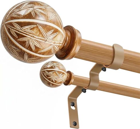 Bamboo Double Curtain Rods for Windows 36 to 72 Inches, 1-inch DiameterHeavy-duty Adjustable Double Curtain Rods with Bamboo Leaf Carved Finials - for Bedrooms and Living Rooms in Saudi Arabia