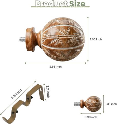 Bamboo Double Curtain Rods for Windows 36 to 72 Inches, 1-inch DiameterHeavy-duty Adjustable Double Curtain Rods with Bamboo Leaf Carved Finials - for Bedrooms and Living Rooms in Saudi Arabia