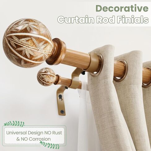 Bamboo Double Curtain Rods for Windows 36 to 72 Inches, 1-inch DiameterHeavy-duty Adjustable Double Curtain Rods with Bamboo Leaf Carved Finials - for Bedrooms and Living Rooms in Saudi Arabia
