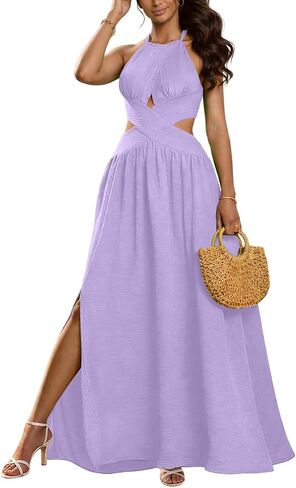 Women's Sexy Sleeveless Halter Neck Dress Criss Cross Tie Back Split Maxi Dresses Summer Beach Vacation Dress in Saudi Arabia