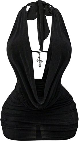 Floerns Women's Plus Size Gothic Draped Halter Mini Dress Sleeveless Bodycon Club Mini Dress in Kuwait