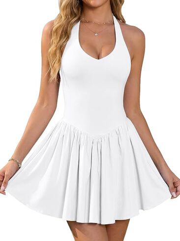 HYZ Women’s Sexy Halter Neck Sleeveless Backless Fit Flare Hem Party Club Mini Rompers Dress with Pockets and in Shorts in Saudi Arabia