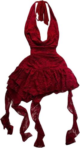 GORGLITTER Women's Lace Ruffle Y2k Mini Dress Ruched Draped Tie Backless Layered Birthday Party Club A Line Dresses in Kuwait
