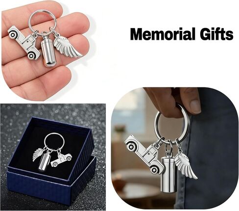 Gredstar Cylinder Urn Memorial Keychain for Ashes & Hair - Trucker Memorial Gift with Semi Truck Charm & Angel Wings, Cremation Jewelry Pendant for Men in Memory of Dad, Husband in Kuwait