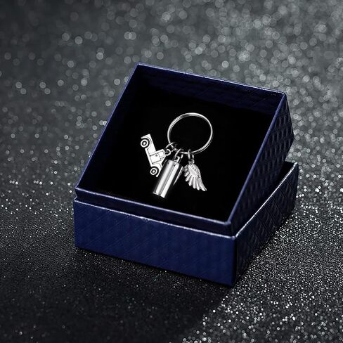 Gredstar Cylinder Urn Memorial Keychain for Ashes & Hair - Trucker Memorial Gift with Semi Truck Charm & Angel Wings, Cremation Jewelry Pendant for Men in Memory of Dad, Husband in Kuwait