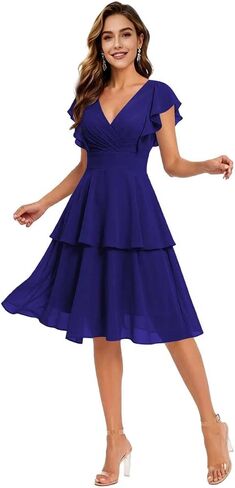 Women's Tiered Chiffon Short Bridesmaid Dresses for Wedding with Ruffles Sleeve V-Neck Formal Cocktail Dress in Saudi Arabia